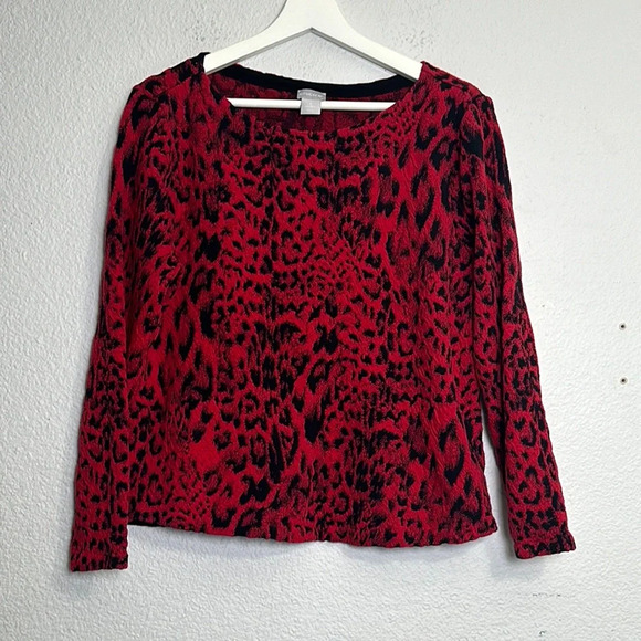 Chico’s Women’s Size 2 Pullover Sweater Animal Print Red Black Mature Holiday - Picture 1 of 7